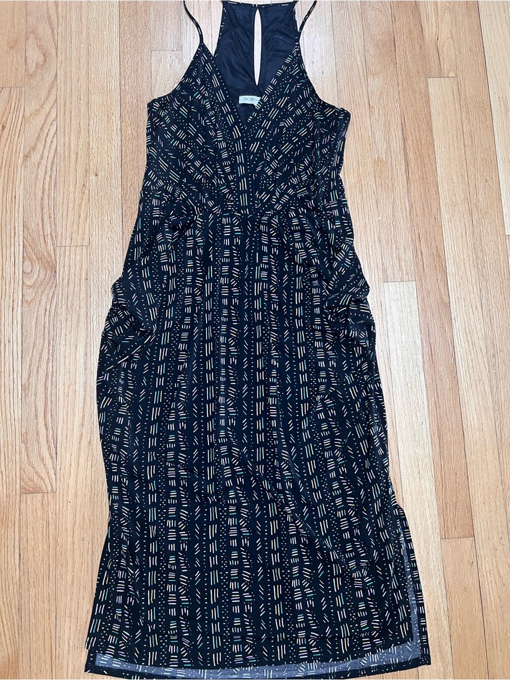 BCBGeneration Black Printed Racerback Draped Midi Dress